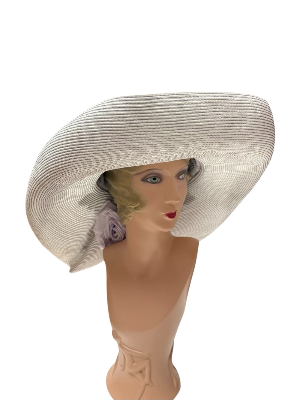 Vintage Eric Javits Wide-Brim Straw Sun Hat Lavender Rose Accent 18” - Picture 6 of 11